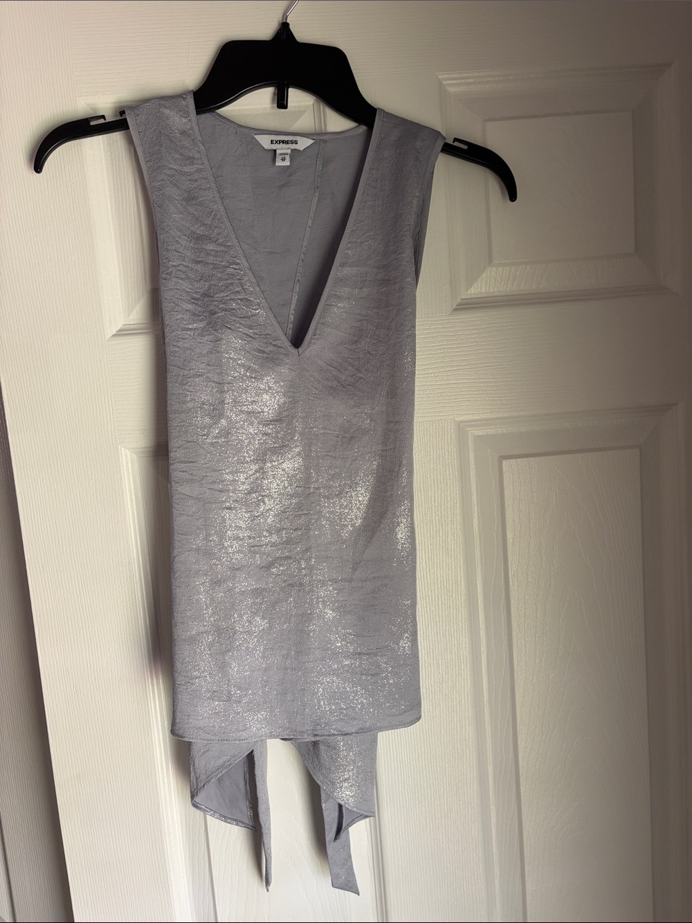 Express Shimmery Light Gray V-Neck Tie-Back Tank
